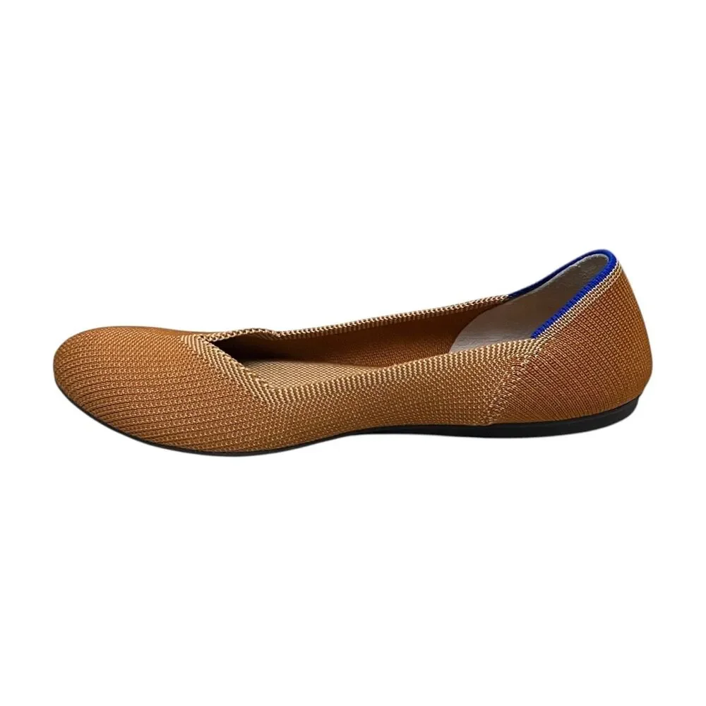Classic Women's Tan Knit Ballet Flats with Blue Trim
